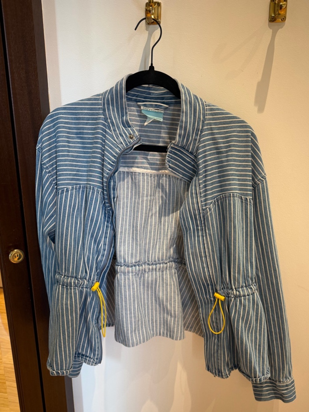 Striped Blue Jean Jacket with Drawstring Detail